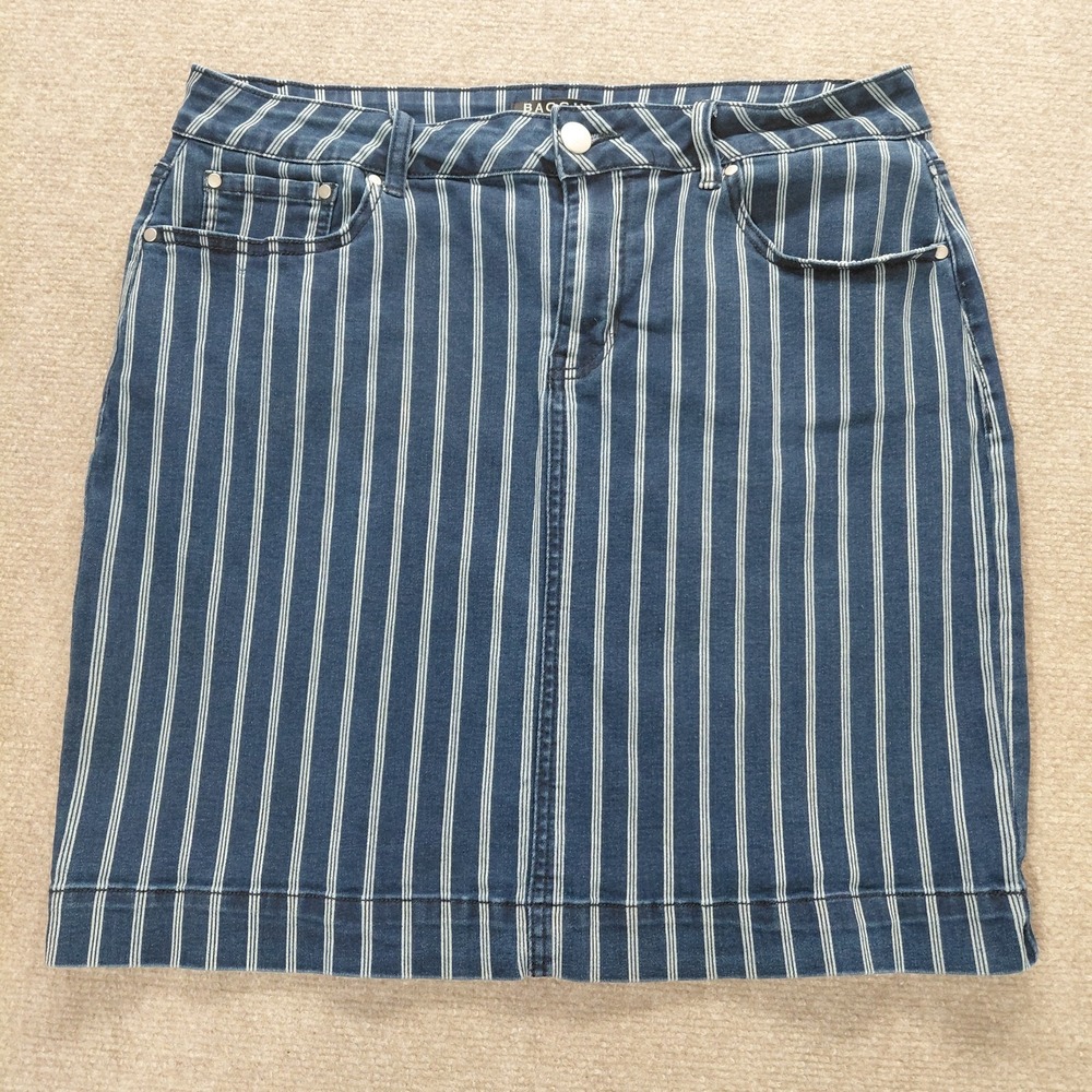 Baccini Denim Skirt Size 12 Blue White‎ Vertical Stripes Pockets Stretch Denim